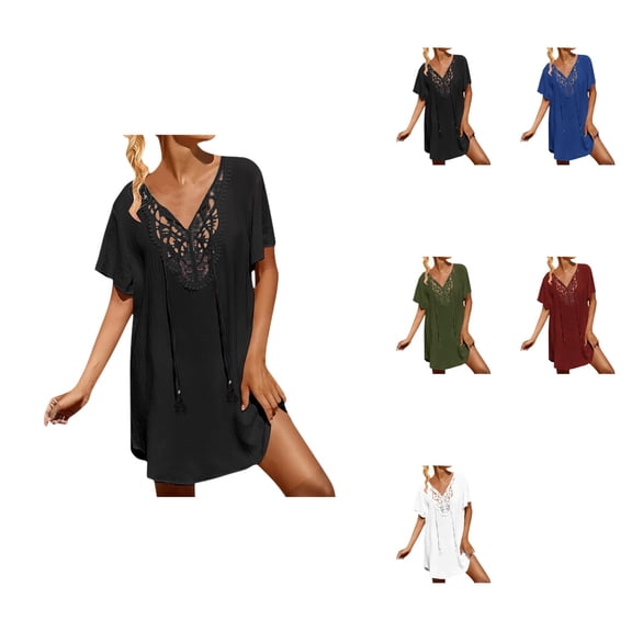 Womens Lace Crochet V-Neck Swimsuit Cover Up Dress Lightweight Beach Cover Up for Swimwear