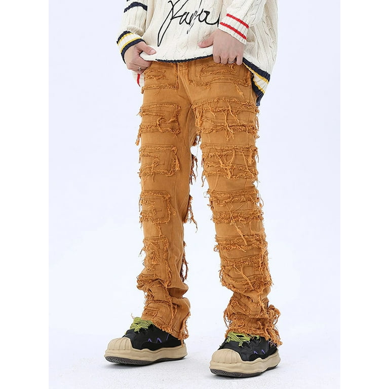Men's Ripped Stacked Jeans Slim Fit Patch Distressed Destroyed Straight Leg  Denim Pants Y2K Streetwear