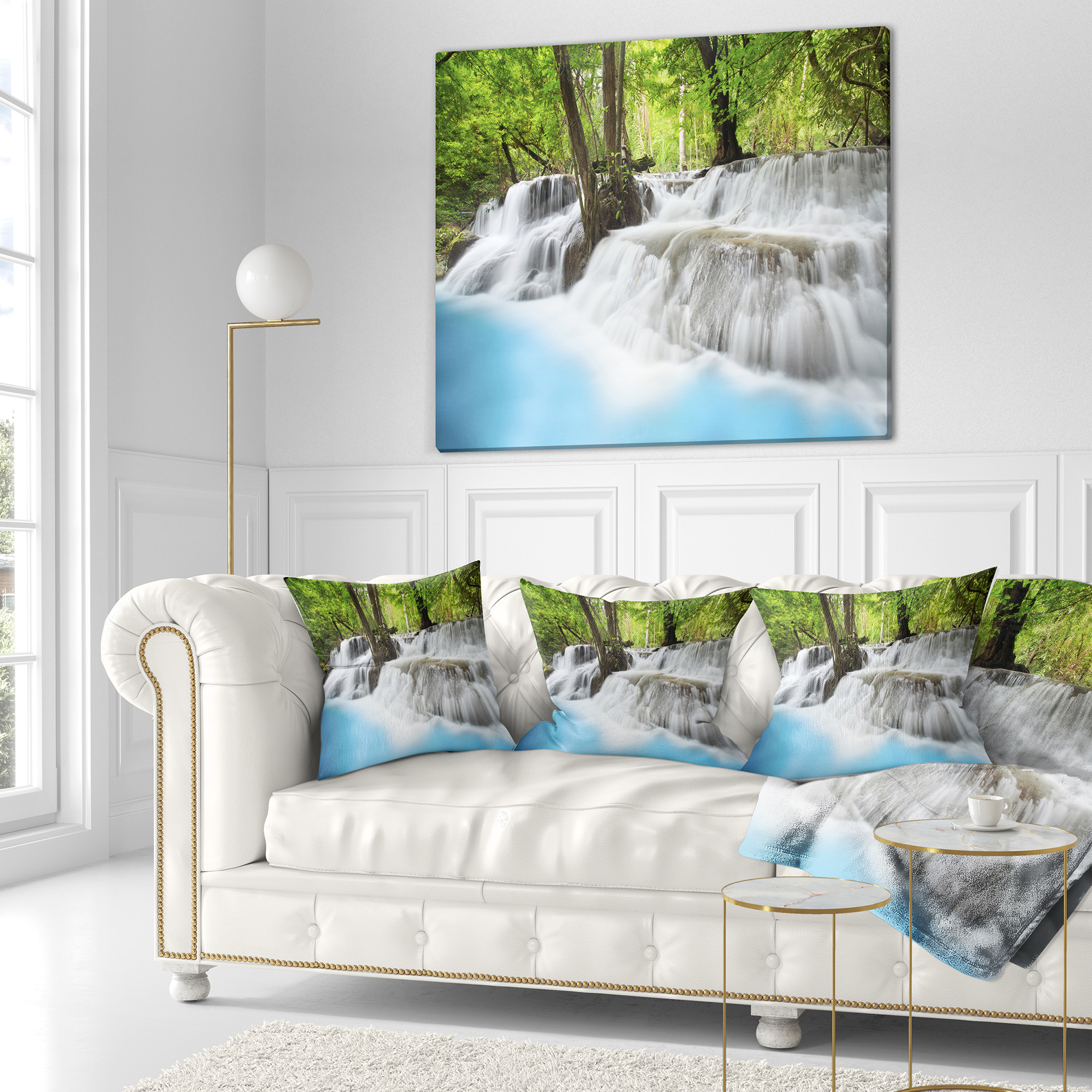 Designart Erawan Waterfall - Photography Throw Pillow - 18x18