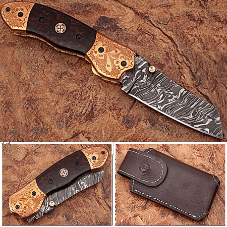 WHITE DEER Executive Series Damascus Folding Knife Rose Copper Bolster Bison Grip
