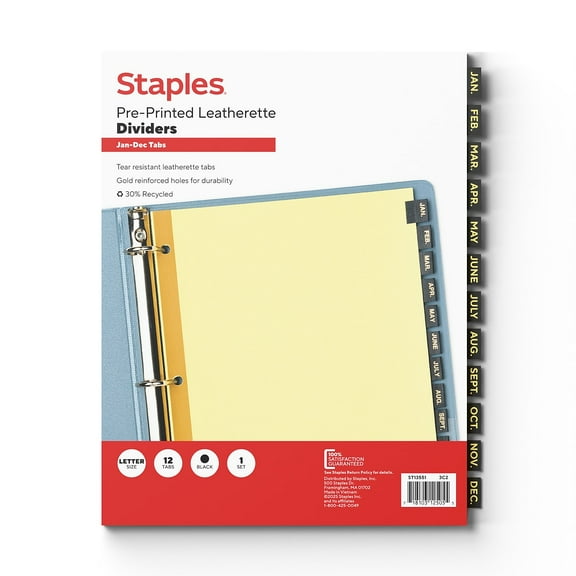 Staples Monthly Leather Dividers 12-Tab Black (13551/11484)