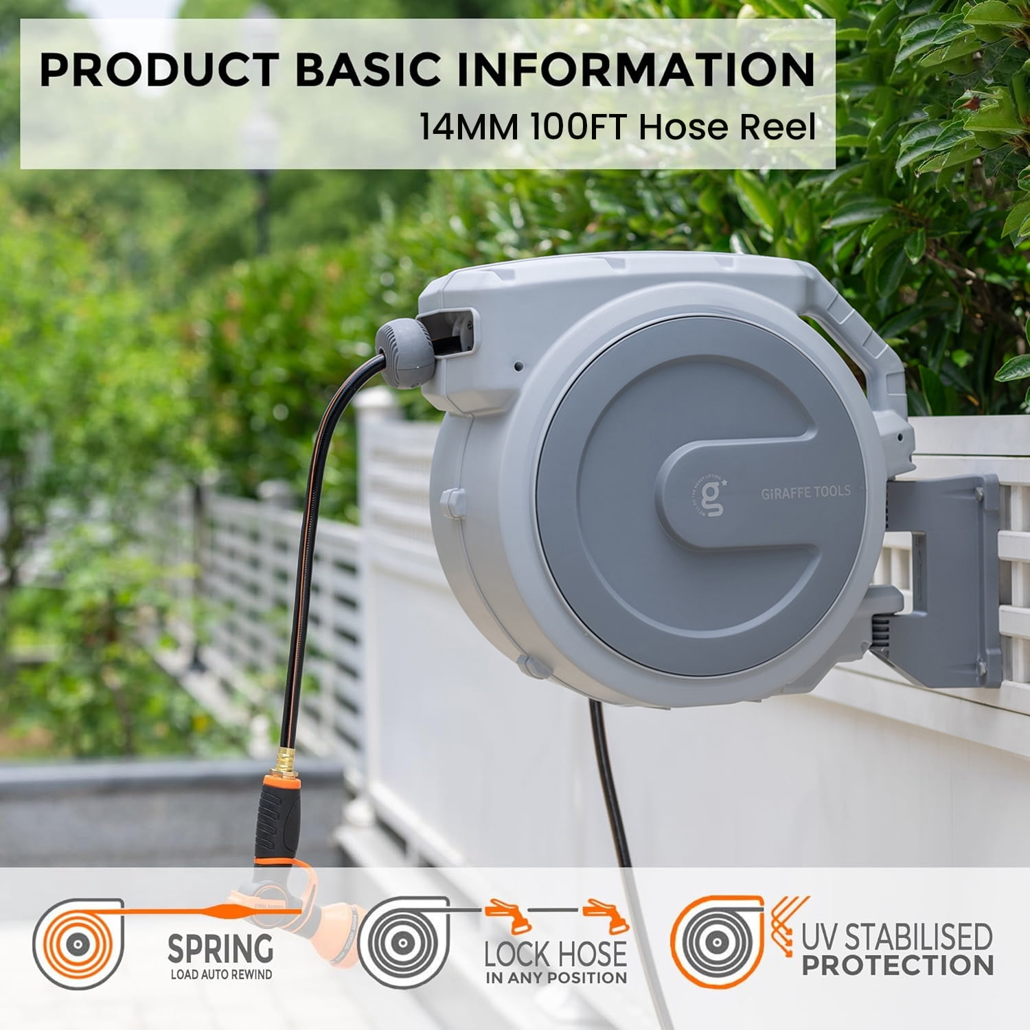 Giraffe Tools Retractable Garden Hose Reel with 14mm-100ft Water Hose, Plastic Bracket, Wall Mounted, Light Grey