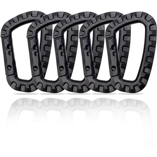 Pack of 5 plastic carabiners - Black - D-shaped