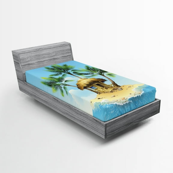 Ambesonne Tropic Fitted Sheet, Bungalow with Palm Tree, Twin Size, Aqua Green Beige