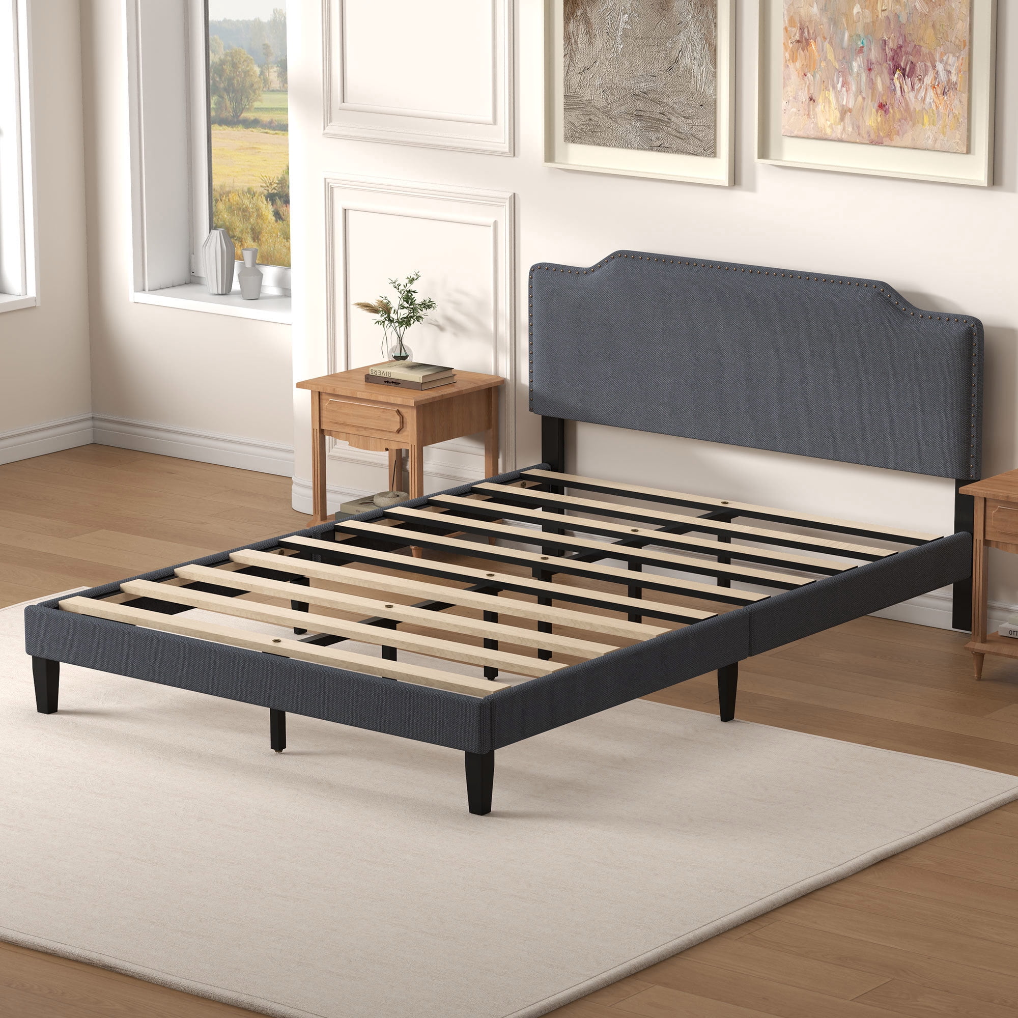 Pingliang Home Queen Size Bed Frame with Adjustable Headboard, Rivet Decoration Upholstered Headboard, Easy to Assemble, Noise Free,Dark Gray