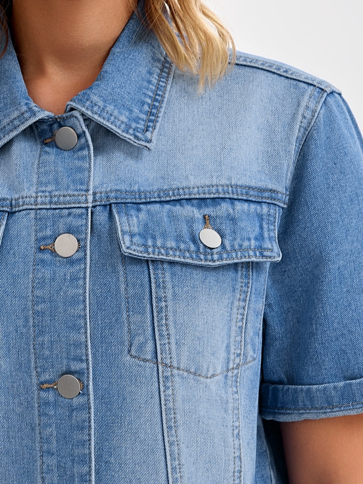 DARING DIVA Women's Short Sleeve Denim Collared Button Up Cropped Jean Jacket 2XL Blue