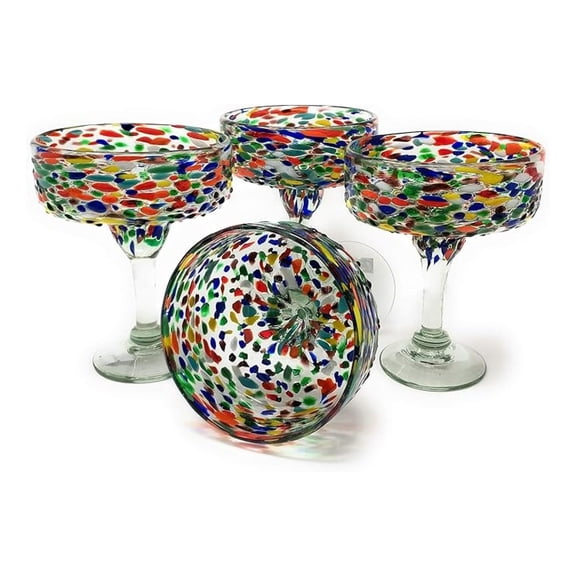 Mexican Hand Blown Glass – Set of 4 Hand Blown Margarita Glasses Confetti Rock (16 oz) …