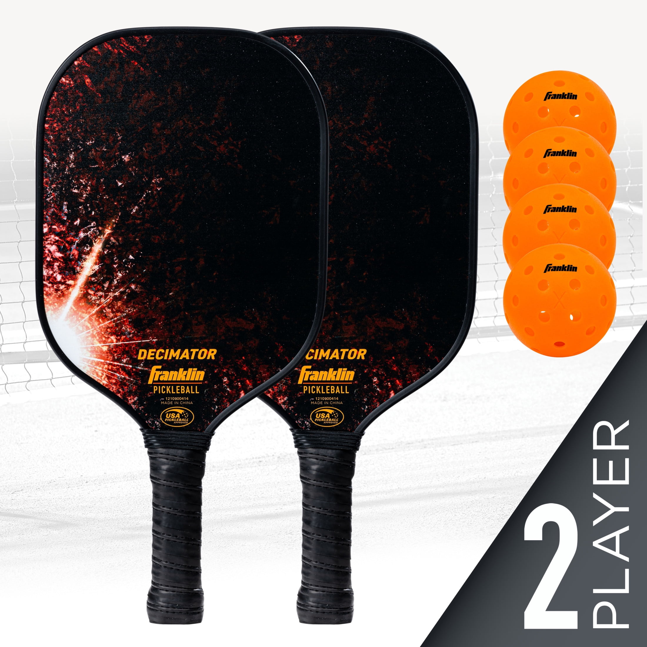Franklin Sports Pickleball Paddle + Ball Set - Decimator 2 Player Outdoor Pickleball Paddles + Pickleballs Set - 2 Carbon Fiber Paddles + 4 X-40 Outdoor Pickleballs - USA Pickleball Approved - Orange