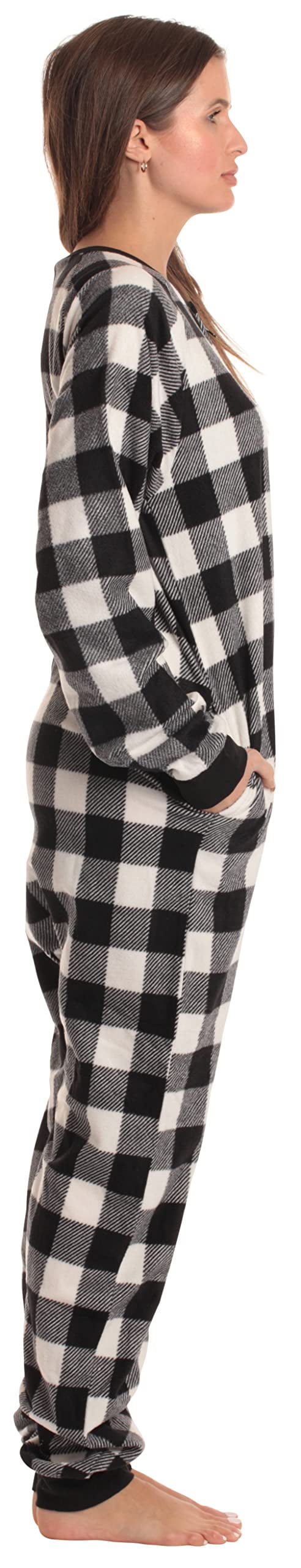 Just Love Printed Flannel Adult Onesie / Pajamas (Buffalo Plaid - White Black, Large)