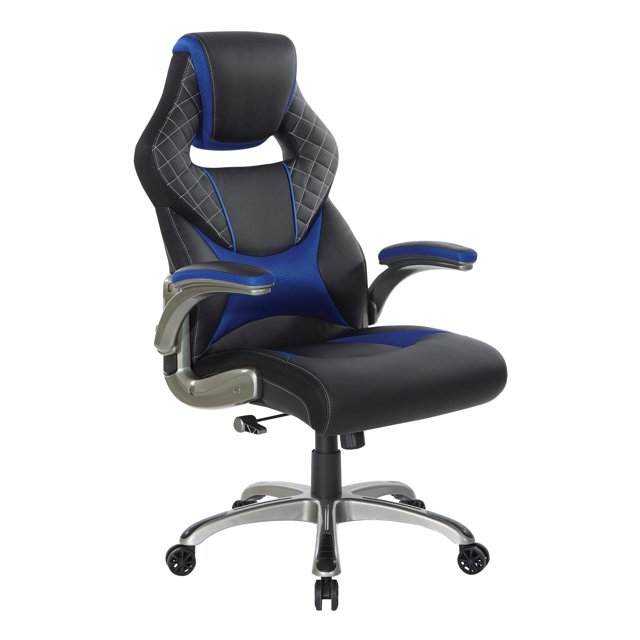OSP Home Furnishings Chaise de Jeu Ergonomique Réglable Dossier Haut en Similicuir avec Siège à Ressort Épais et Accents Bleus