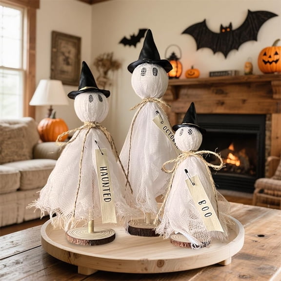 3-Piece White Primitive Halloween Ghost Decor Set, Vintage Standing Ghosts on Wooden Base with Witch Hats, Spooky Indoor Table Centerpiece & Mantel Decoration