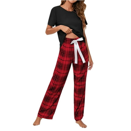 

Plus Size Pajamas Sets for Women Long/Short Sleeve Crewneck Tops with Loose Plaid Long Pants Lounge Sets Sleepwear
