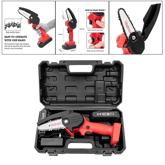 Mini eléctrica de 4 pulgadas, pequeña moto para cortar árboles, cortar madera, podar, una mano, carpintería, 21V, 2 piezas, batería rojo Macarena Mini motosierra inalámbrica