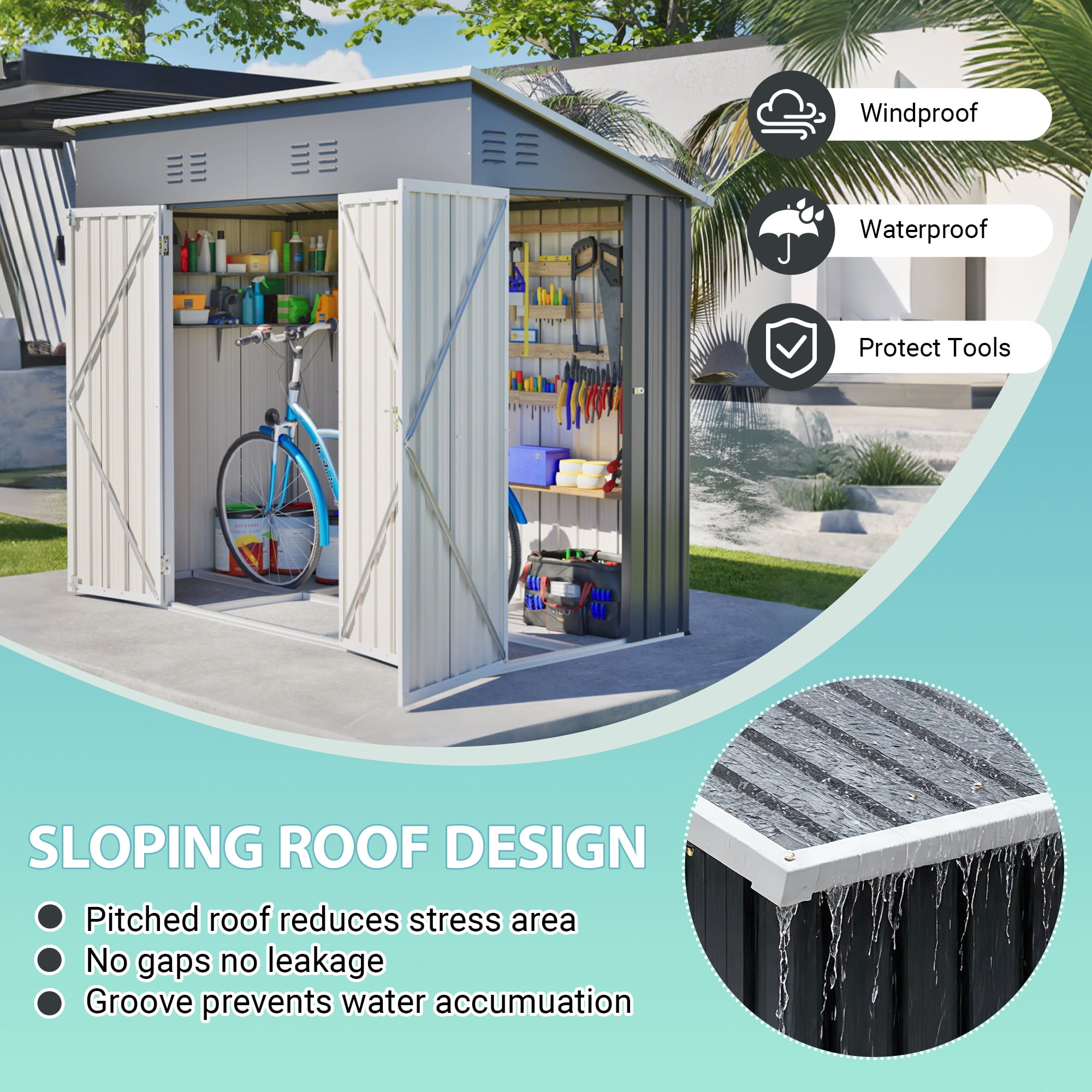 Leumius 4x8 FT Slope-Roof Reinforced Storage Shed with Weatherproof Sloping Roof and 4 Air Vents,Left/Right Optional Door, Outdoor Tool Shed Warehouse for Garden Storage Pet House
