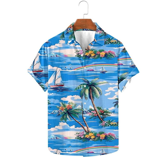 Sentmoon Mens Button down Blouse Plus Size Loose Turndown Collar Short Sleeve Clothes for Mens Palm Leaves Print Mens Top Fashion for Beach & Swimming Multicolor S