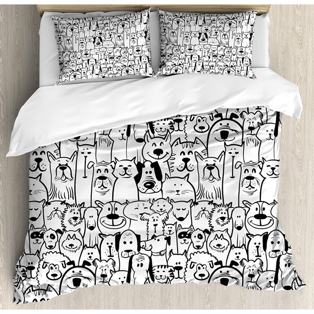 Juego de Funda Nórdica, Grupo de Perros y Gatos Animales Divertidos Seres Felices Dibujos Animados