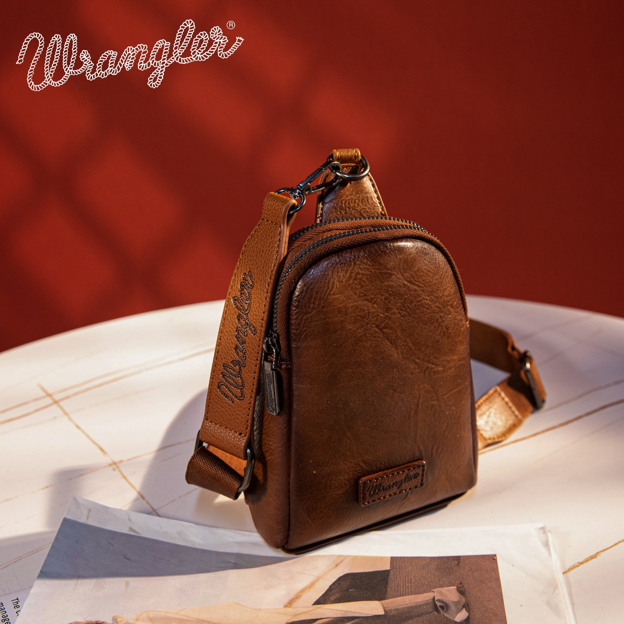 Wrangler Crossbody Sling Bags for Women Cross Body Fanny Pack Purse with Detachable Strap Zipper 7.5 "H, Distressed-Dark Brown