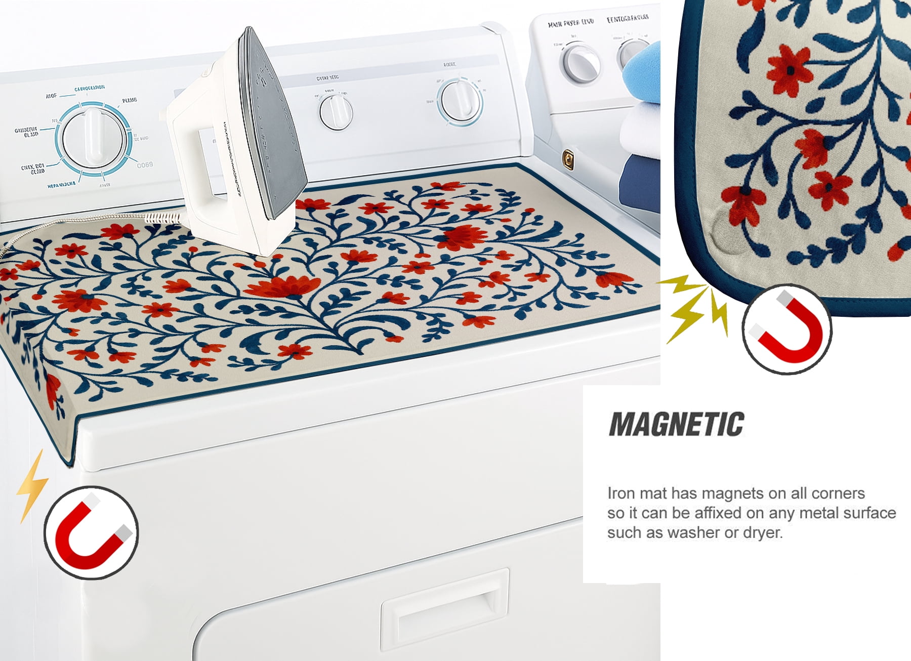 Vargottam Portable Ironing Mat - 28"x48" Foldable Cotton Ironing Pad with Silicone Rest & Magnetic Corners - Travel-Friendly, Space-Saving Iron Board Alternative for Small Homes, Dorms, RVs - Floral