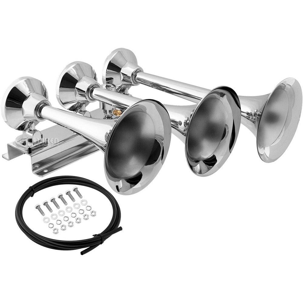 New 12v Triple Trumpet CHROME Electric Air Horn 152db HUGE LOUD Sound TRAIN