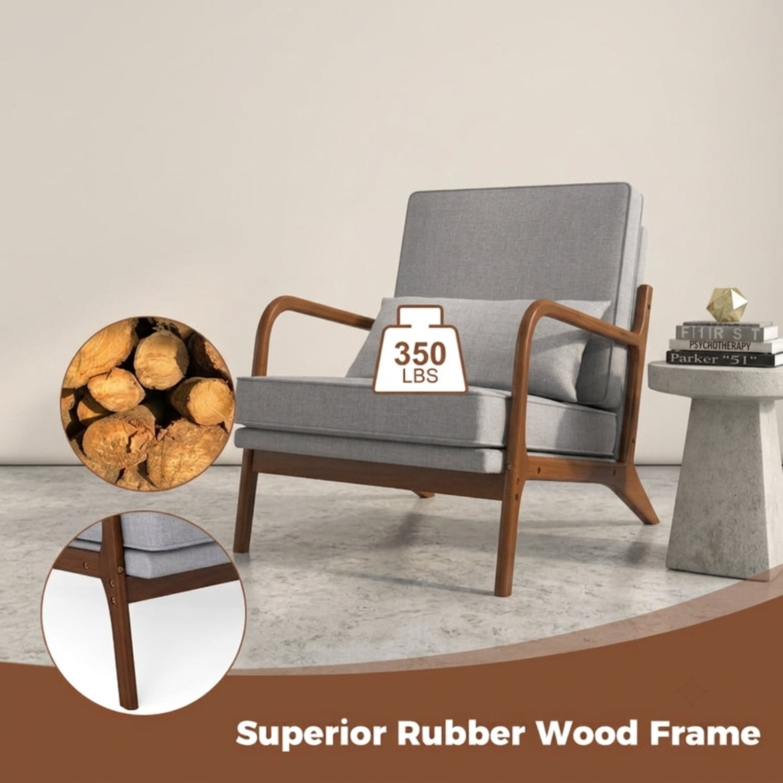Furnibear Modern Accent Chair with Extra-Wide Padded Seat Removable Lumbar Pillow and Rubber Wood Armrests for Living Room and Bedroom, Gray