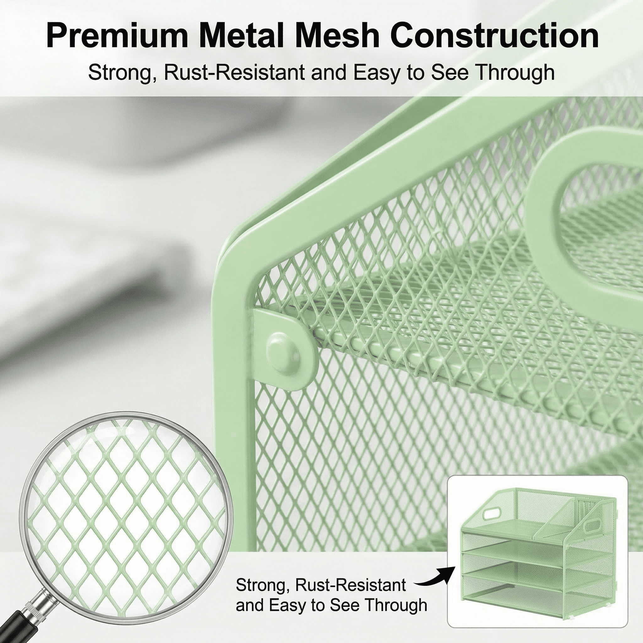 Yinghua 4-Tier Paper Letter Tray File Organizer, Mesh Desk Organizer with Handle & Pen Holder, Office Workspace Storage - Green
