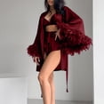 thumbnail image 2 of GZMOALH Women's Satin 3 Piece Pajama Set with Feather Trim Robe, Bralette Top and Matching Shorts, 2 of 9