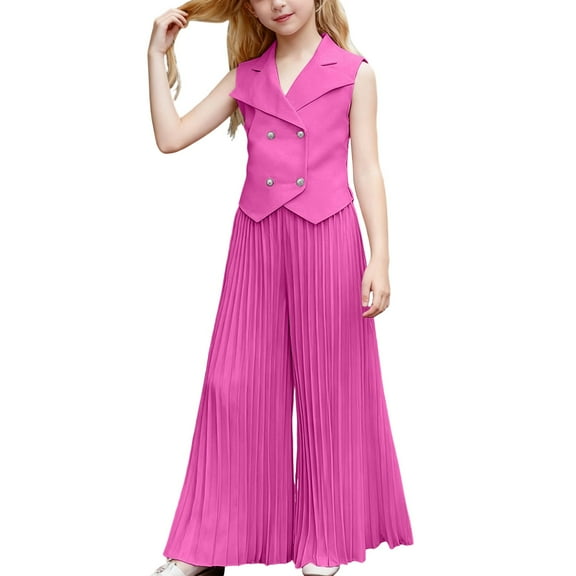 Byoo Toddler Girls Outfit Set Stylish Sleeveless Button Down Coat Wide Leg Pleated Pants Set Kids Soft Cloth Set
