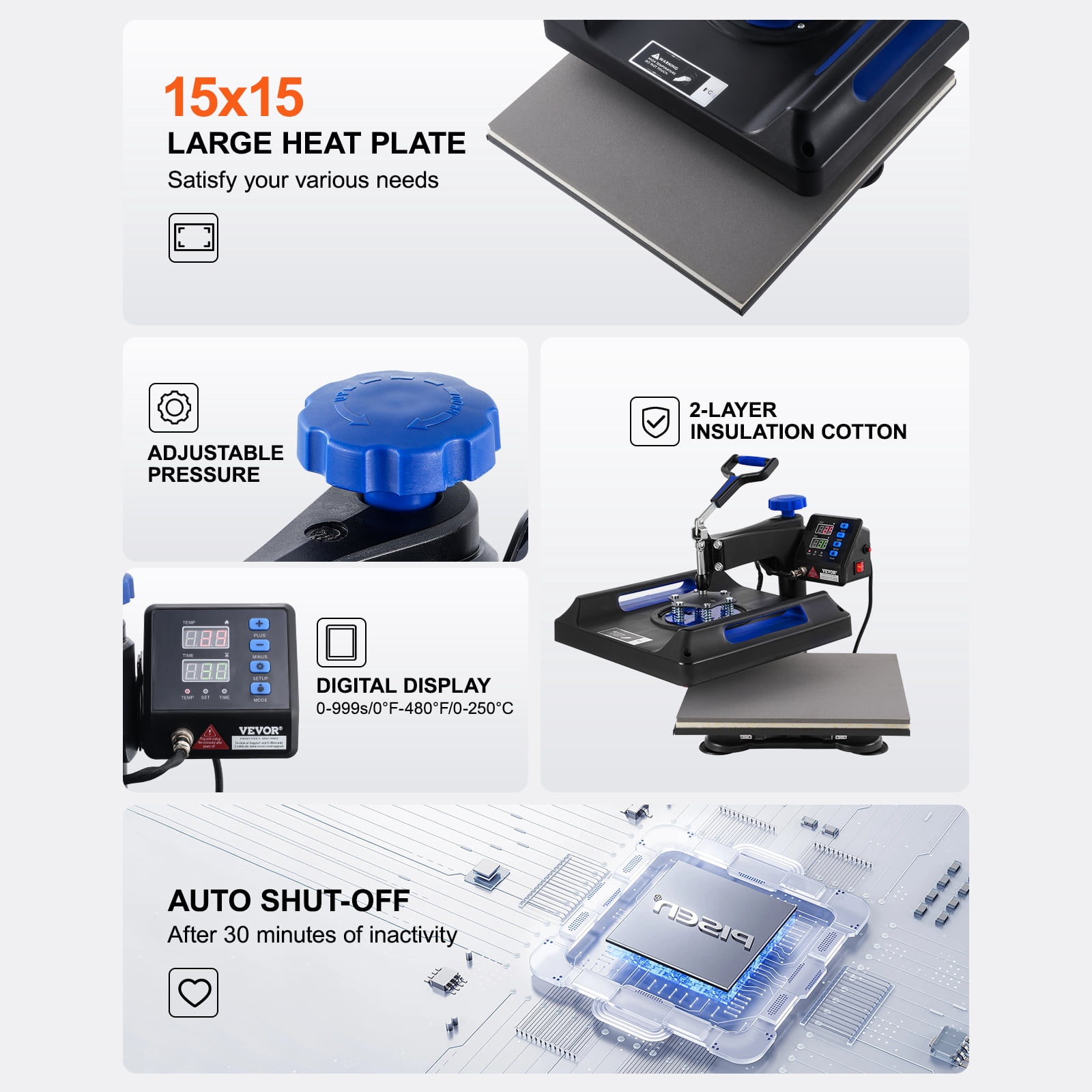 VEVOR Heat Press Machine, 15 x 15 inch, 8 in 1 Heat Transfer Machine with 30 oz Tumbler Press, 360° Swing Away Digital T-Shirt Pressing, Teflon Coating, for T-Shirts/Mugs/Hats/Plates, Black+Blue