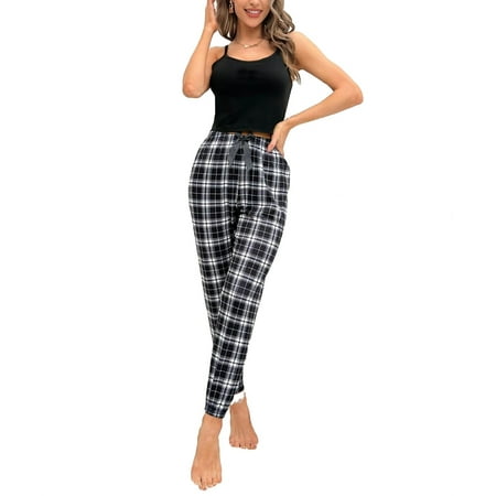 

Casual Plaid Print Spaghetti Strap Cami Top Wide Leg Pants Sleeveless Black and White Women Pajama Sets (Women s)