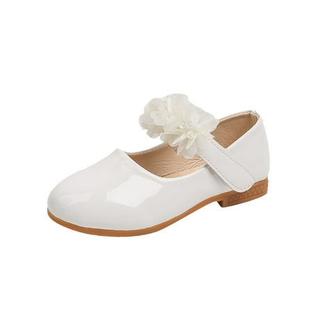JDEFEG Girls Dress Shoes Formal Wedding Party Heel Princess Flower Shoes Autumn Kids Shoes Soft Bottom Leather Shoes for Little Girls White Size 10.5