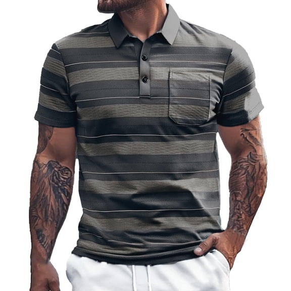Wsysadlol Mens Polo Shirts Color Blocked Striped Lapel Pocket Casual Loose Short Sleeve Male Tees