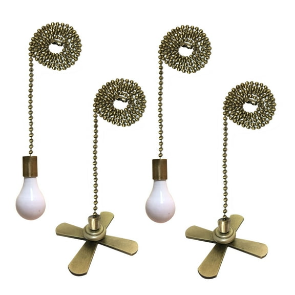 Royal Designs Fan and Light Bulb Shaped Pull Chain, Antique Brass Finish, Two Pair