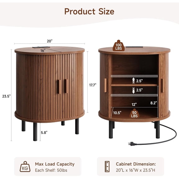 Oval End Table Set of 2 with Charging Station and Sliding Door Storage, Mid- Modern Fluted Side Tables for Living Room Bedroom, Walnut Finish