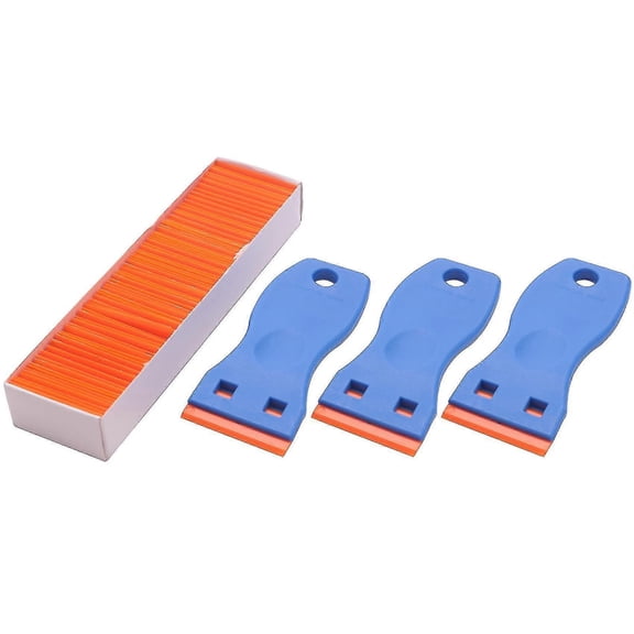 3-pack of plastic razor scrapers and 100 double-edged plastic razor blades