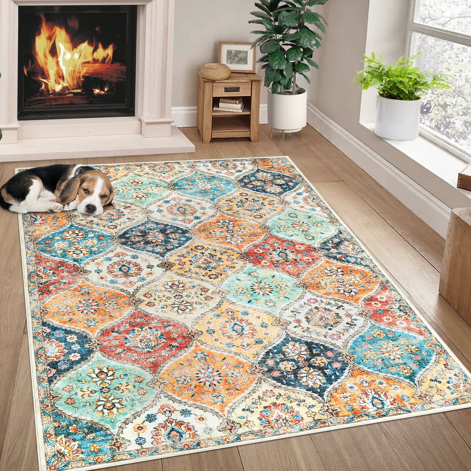 HOMERRY Indoor Washable 4' x 6' Area Rug Moroccan Trellis Floral Rug for Living Room Non-Slip Floor Carpet for Bedroom, Orange