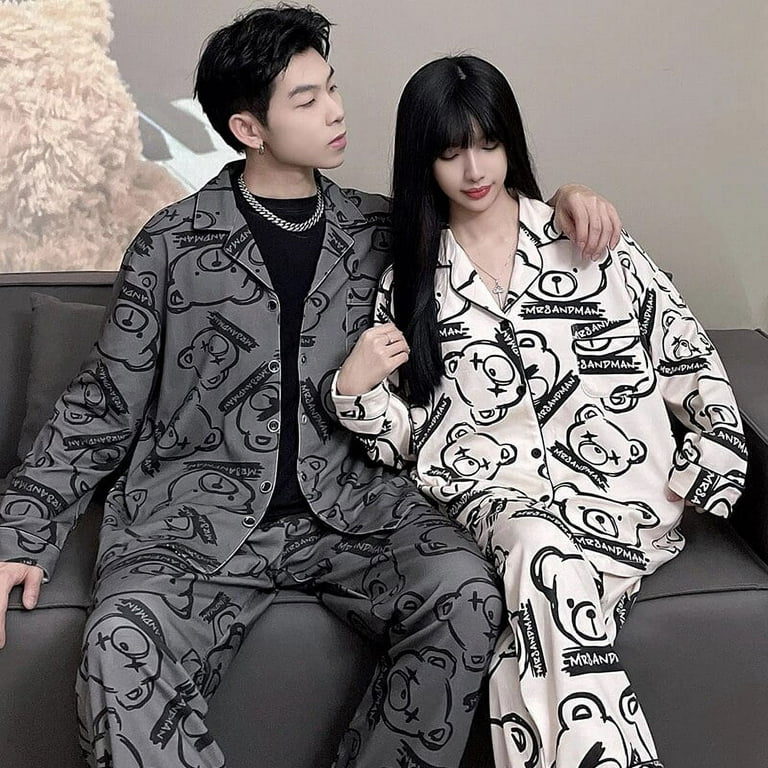 Autumn Winter Cotton Matching Couple Pajamas Men Sleepwear Women