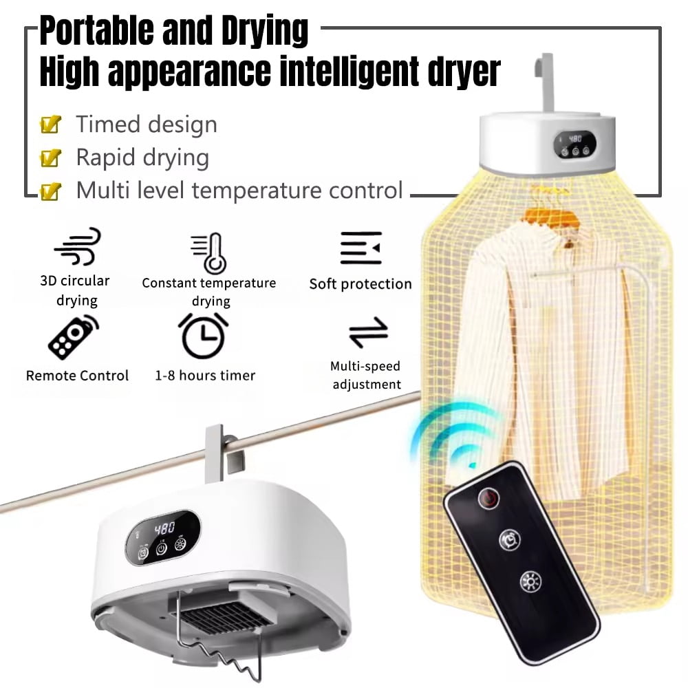 OUMASK Portable Compact Foldable Clothes Dryer with Remote Control and Drying Bag for Travel, RVs, Homes and Apartments
