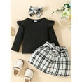thumbnail image 3 of Liacowi 3Pcs Toddler Girls Fall Outfits 6M 9M 12M 18M 24M 3T Infant Baby Clothes Set Long Sleeve Letters Print Sweatshirt Tops + Plaid Skirt + Headband Set 0-3 Years, 3 of 9