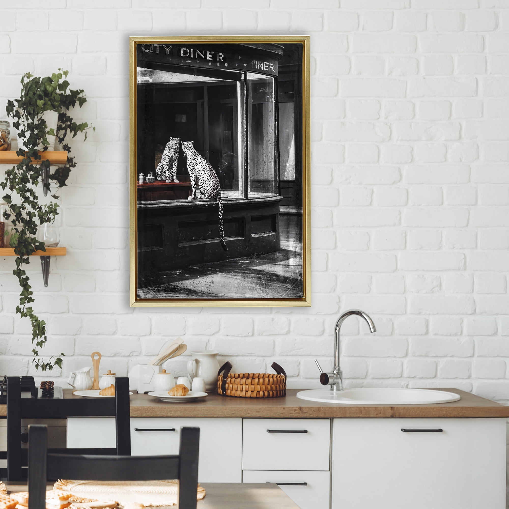 Stupell Industries Diner Noir Leopard Reflection Gold Framed Floater Canvas Wall Art, design by Annabelle Hall