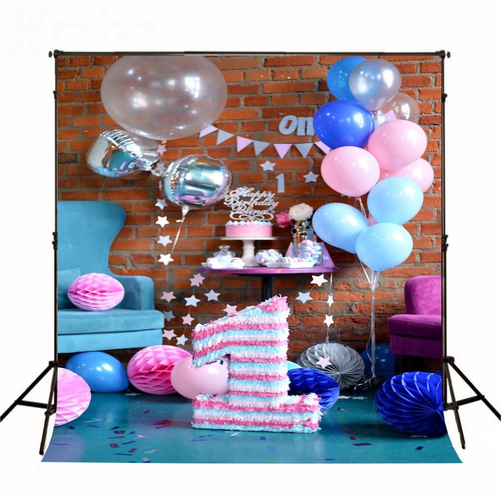 Polyester 7x5ft Photography Background Blue Pinata 1st Decorations One Year Old Birthday Infant Damask Wallpaper Multi Color Balloons Paper Flowers Theme Backdrops Portrait