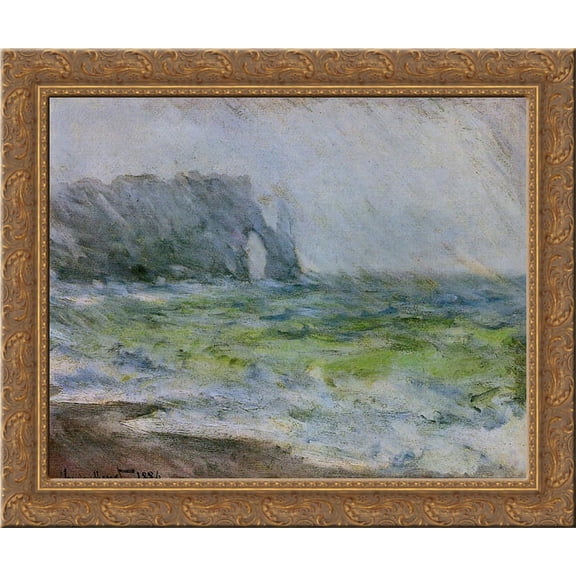 The Manneport, Etretat in the Rain 24x20 Gold Ornate Wood Framed Canvas Art by Monet, Claude