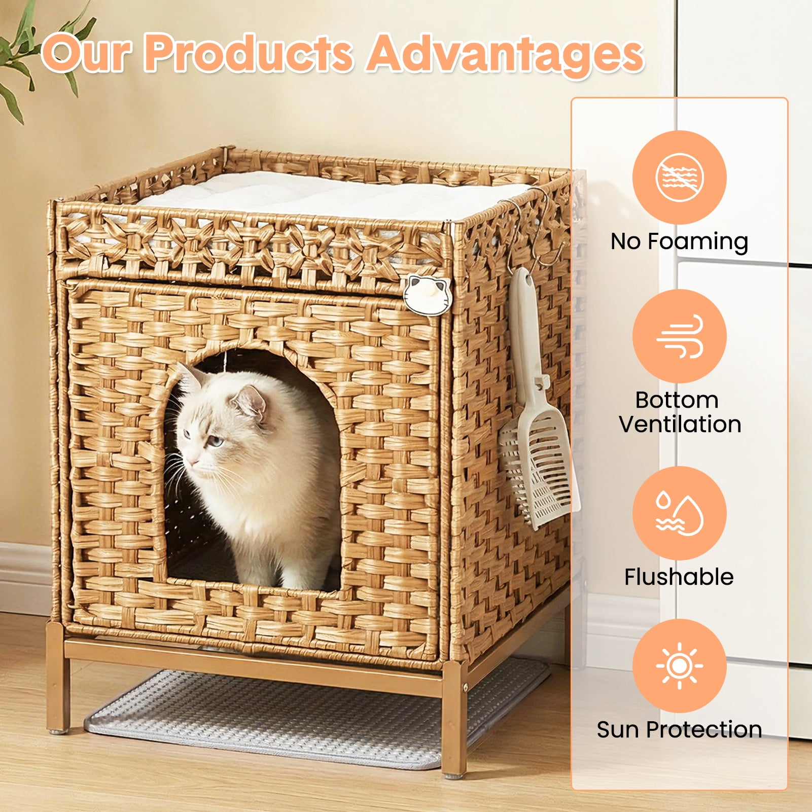 Hidden Cat Litter Box Furniture with Rattan Handwoven Design, Elevated Metal Feet, Enclosed Cat House for Bedroom and Living Room