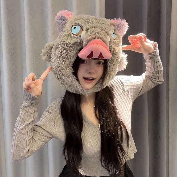 Demon Slayer Inosuke Boar Head Plush Hat,Anime Cosplay Hood,Soft Warm Winter Hat for Costume Parties,Cosplay Events or Daily Wear,Gift for Demon Slayer Fans