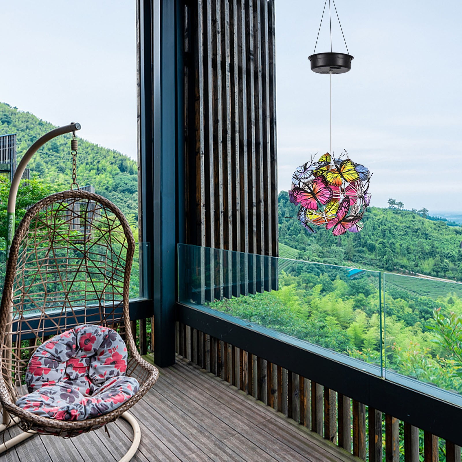Pompotops Wind Chimes 2PCS Butterfly Pendant Outdoor Solar Light Mesh Round Ball Light Waterproof Outdoor Garden Decor Hanging Lamp