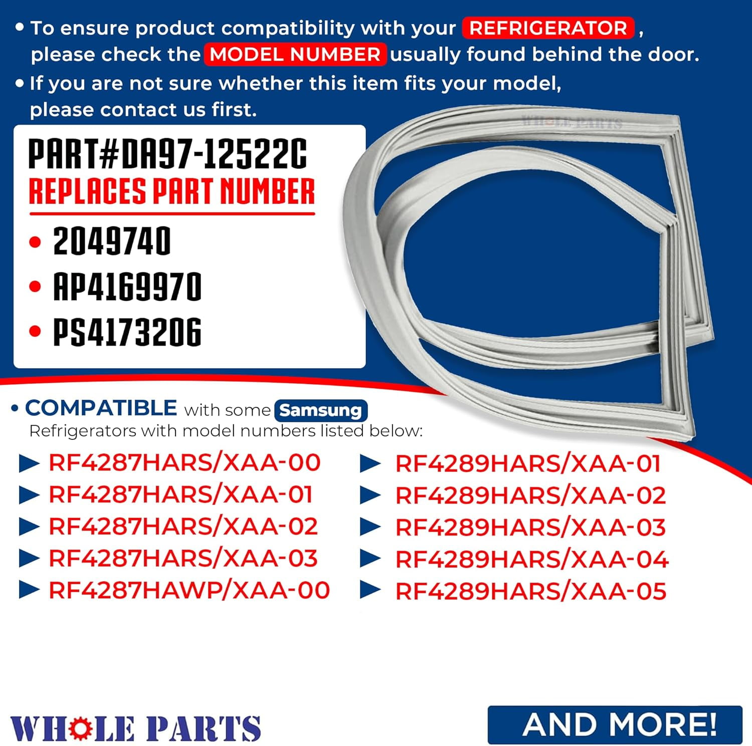 Whole Parts Refrigerator Flex Zone Mid-Drawer Door Seal Gasket (Gray) Part# DA97-12522C - Replacement & Compatible with Some Samsung Refrigerators