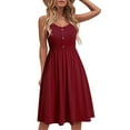 thumbnail image 3 of pstuiky Summer Dresses for Women, Solid Color Tank Dress Suspenders Midi Dress Fashion Sleeveless V-Neck Cocktail Dress with Button Red XXL, 3 of 7