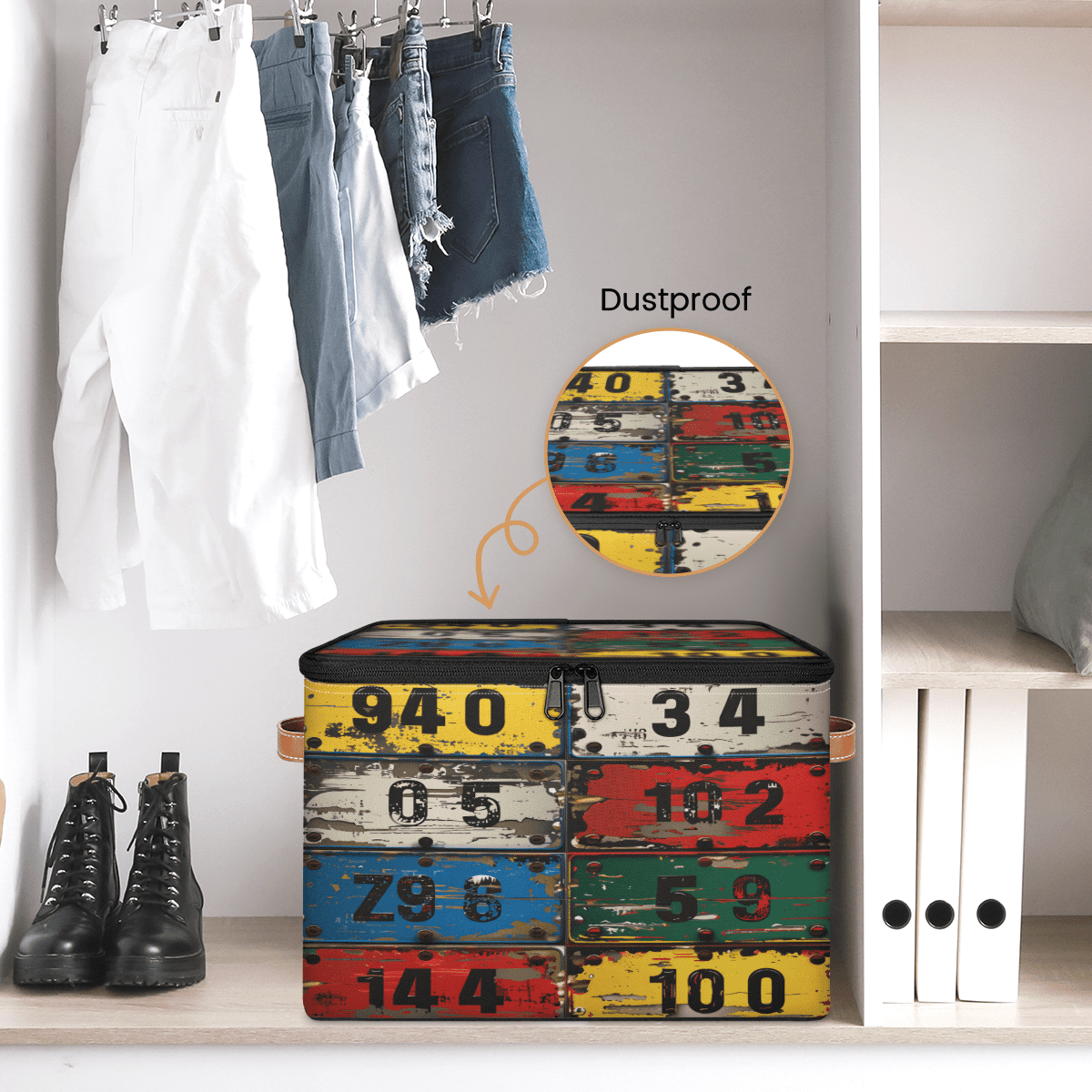 CURLYOOT Vintage License Plate Numbers Fabric Storage Bins with Lids, Foldable Storage Boxes Washable Storage Cube, Closet Bedroom Home Organizer Containers with PU Leather Handles