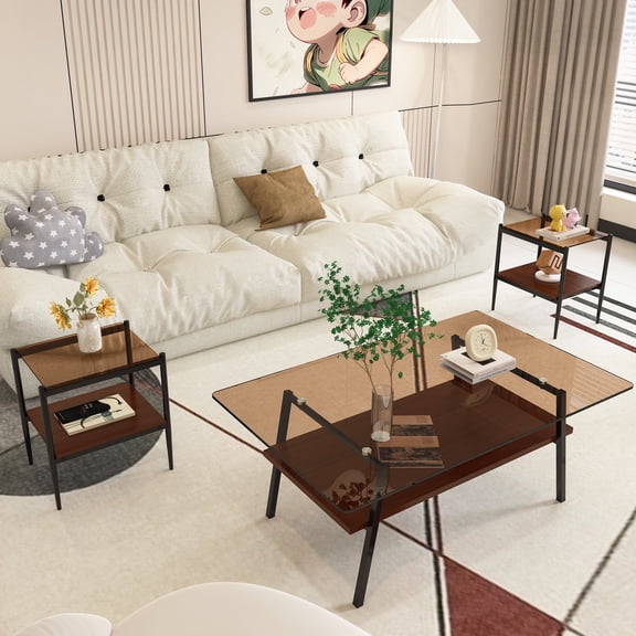 FFZ Coffee Table and End Tables Set of 3 with Tempered Glass Top, Brown