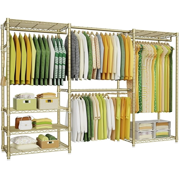 E1 Heavy Duty Closet Garment Rack, 6 Tiers Adjustable Metal Freestanding Expandable Clothing Storage with 4 Hanger Rods, Easy to Assemble Wardrobe, 71.4" H x (70" - 88.2") L x 14" D, Gold