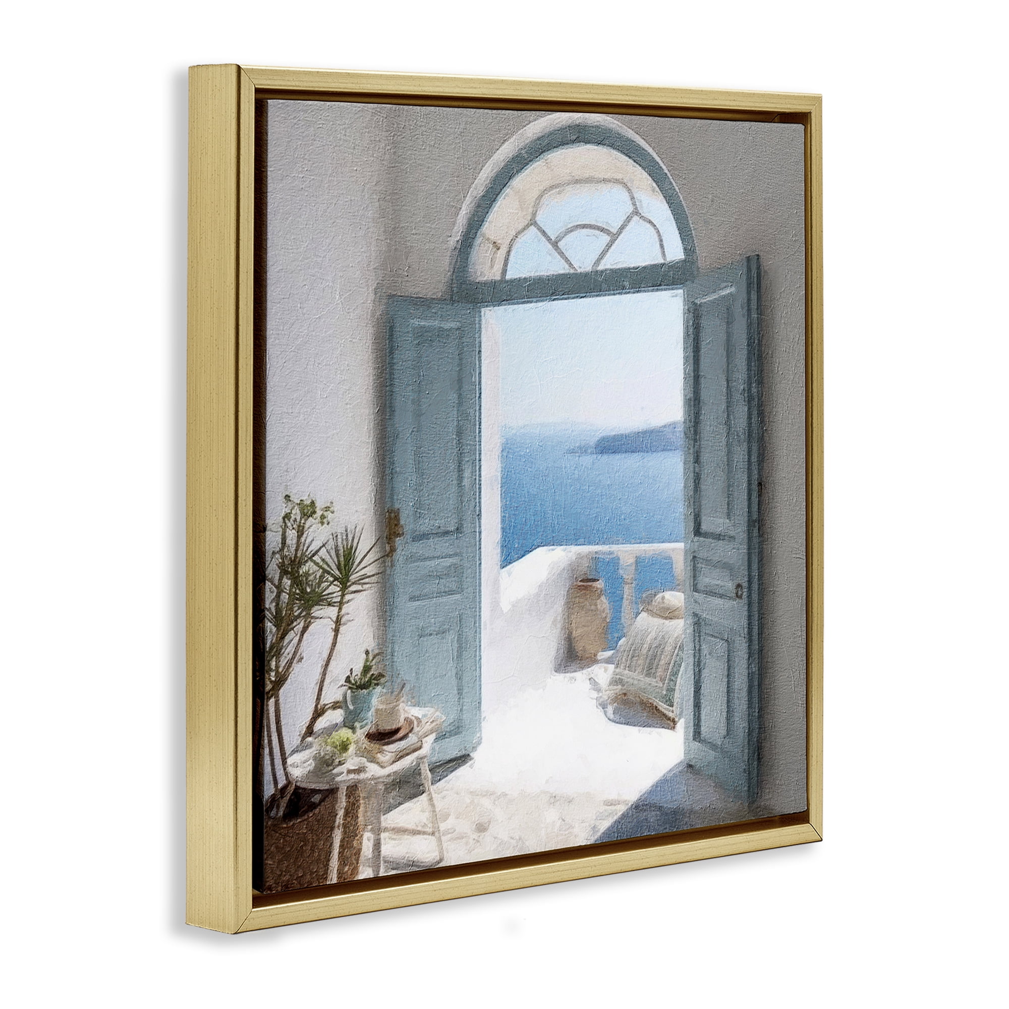 Stupell Industries Open Doorway to Sea Town & City Painting Gold Floater Framed Canvas Art Print Wall Art, 18 x 18